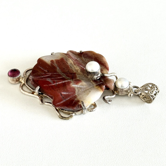 Vintage Sterling Silver Large Multi Gemstone Carved Leaf Red Jade Pearl Pendant - Picture 6 of 14
